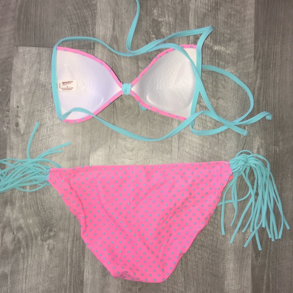 Swim Pink polka dot bikini fringe SzS/ M EUC - Picture 3 of 4